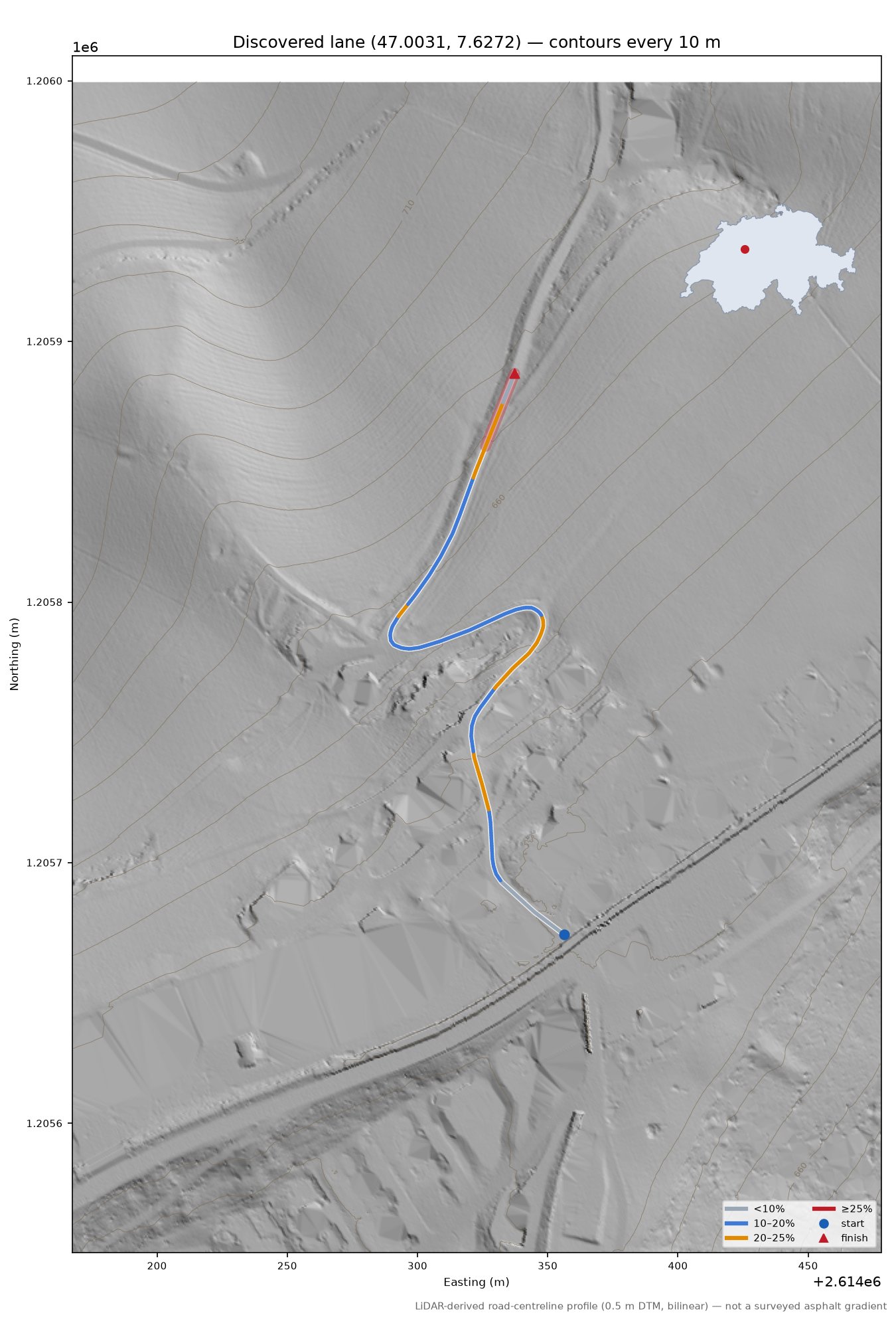 Discovered lane (47.0031, 7.6272) LiDAR hillshade map with contours