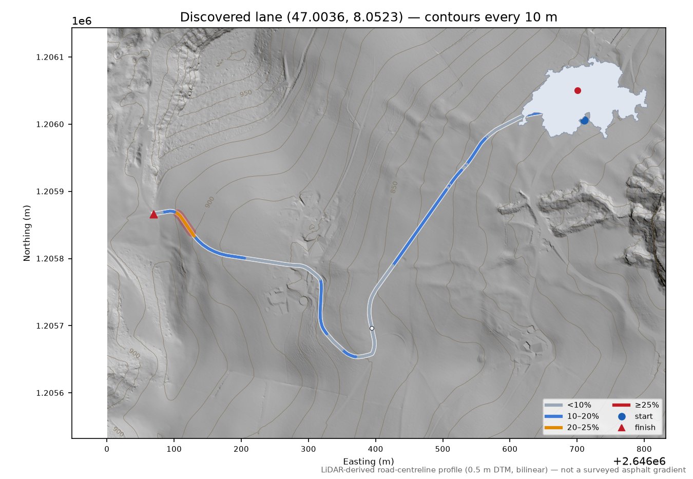 Discovered lane (47.0036, 8.0523) LiDAR hillshade map with contours
