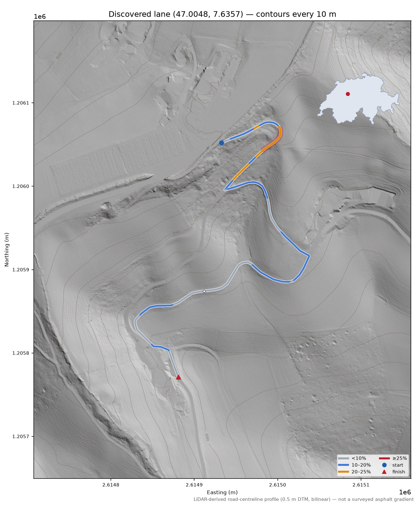 Discovered lane (47.0048, 7.6357) LiDAR hillshade map with contours