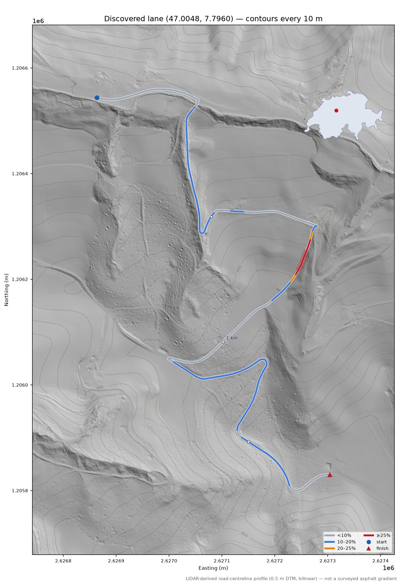 Discovered lane (47.0048, 7.7960) LiDAR hillshade map with contours