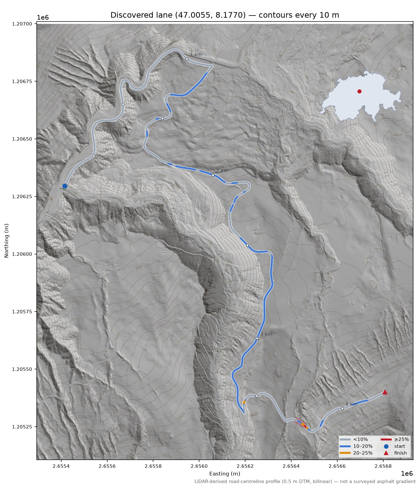 Discovered lane (47.0055, 8.1770) LiDAR hillshade map with contours
