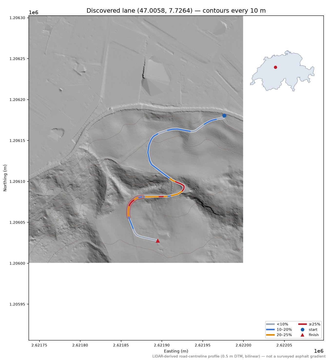 Discovered lane (47.0058, 7.7264) LiDAR hillshade map with contours