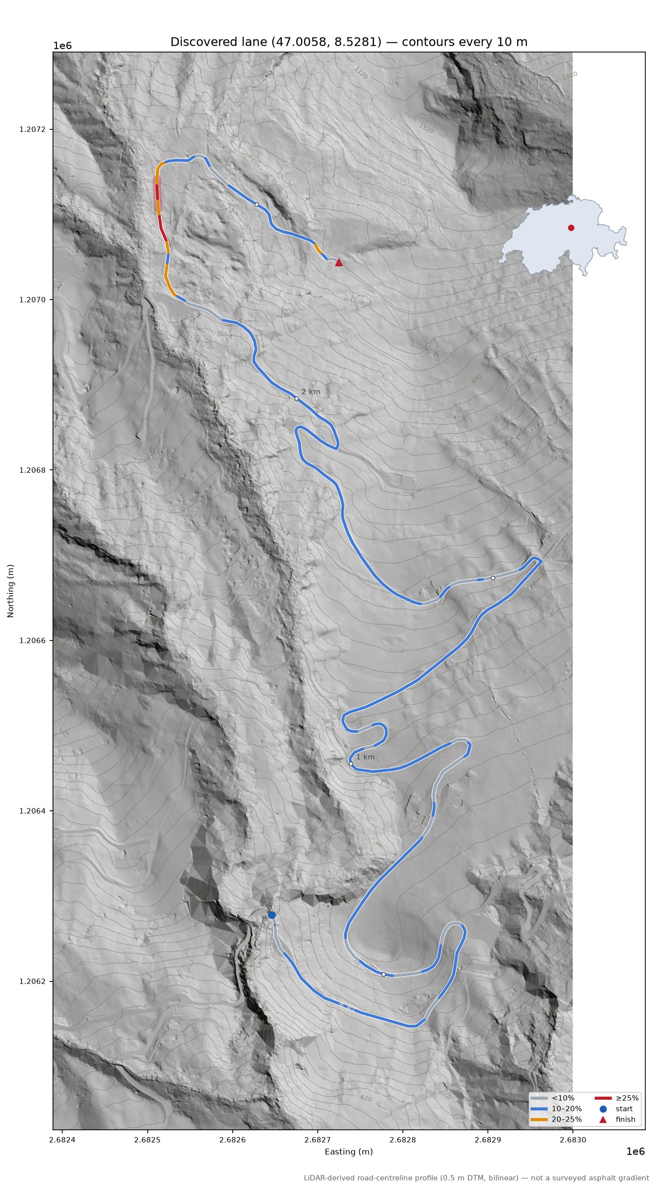 Discovered lane (47.0058, 8.5281) LiDAR hillshade map with contours