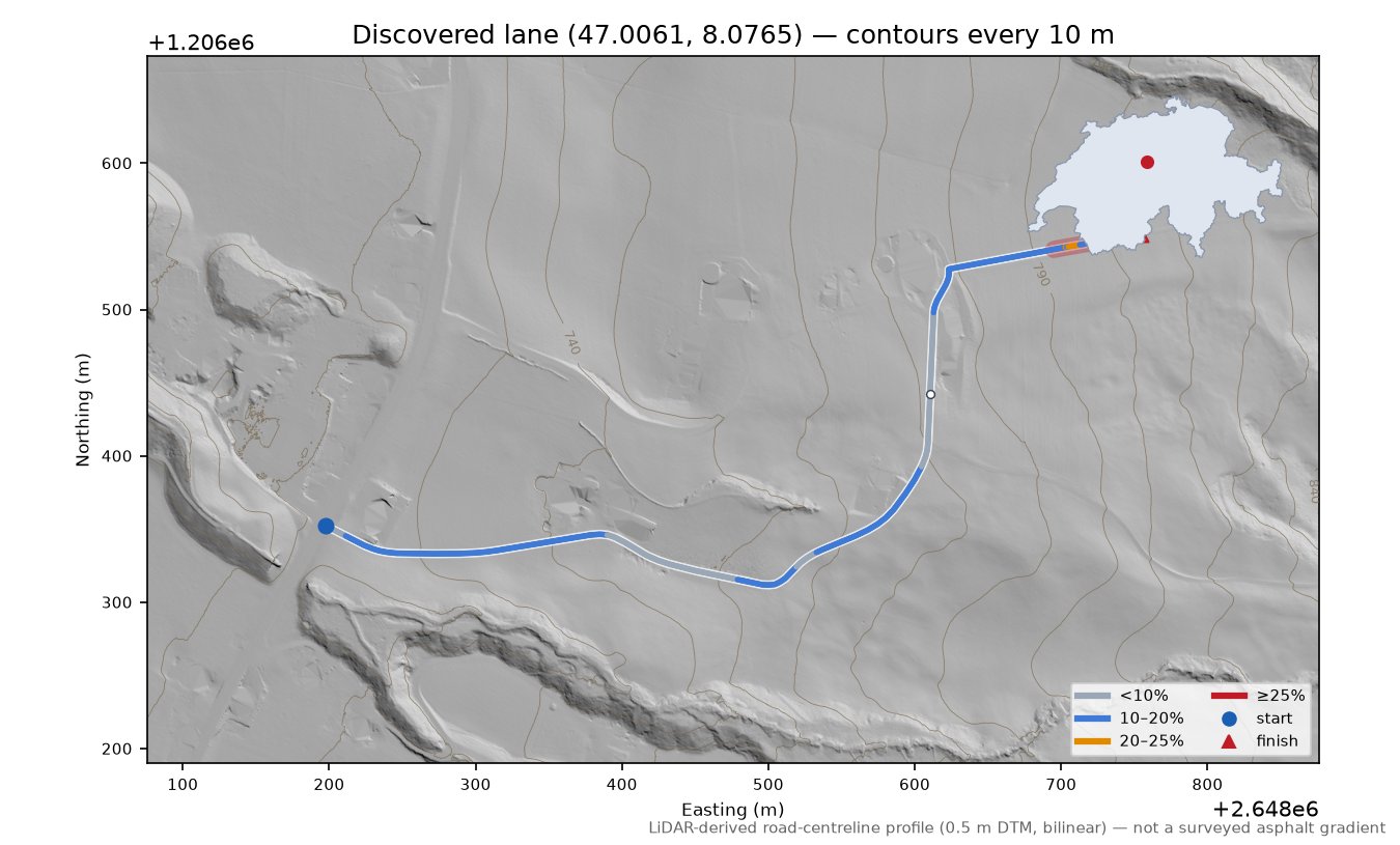 Discovered lane (47.0061, 8.0765) LiDAR hillshade map with contours