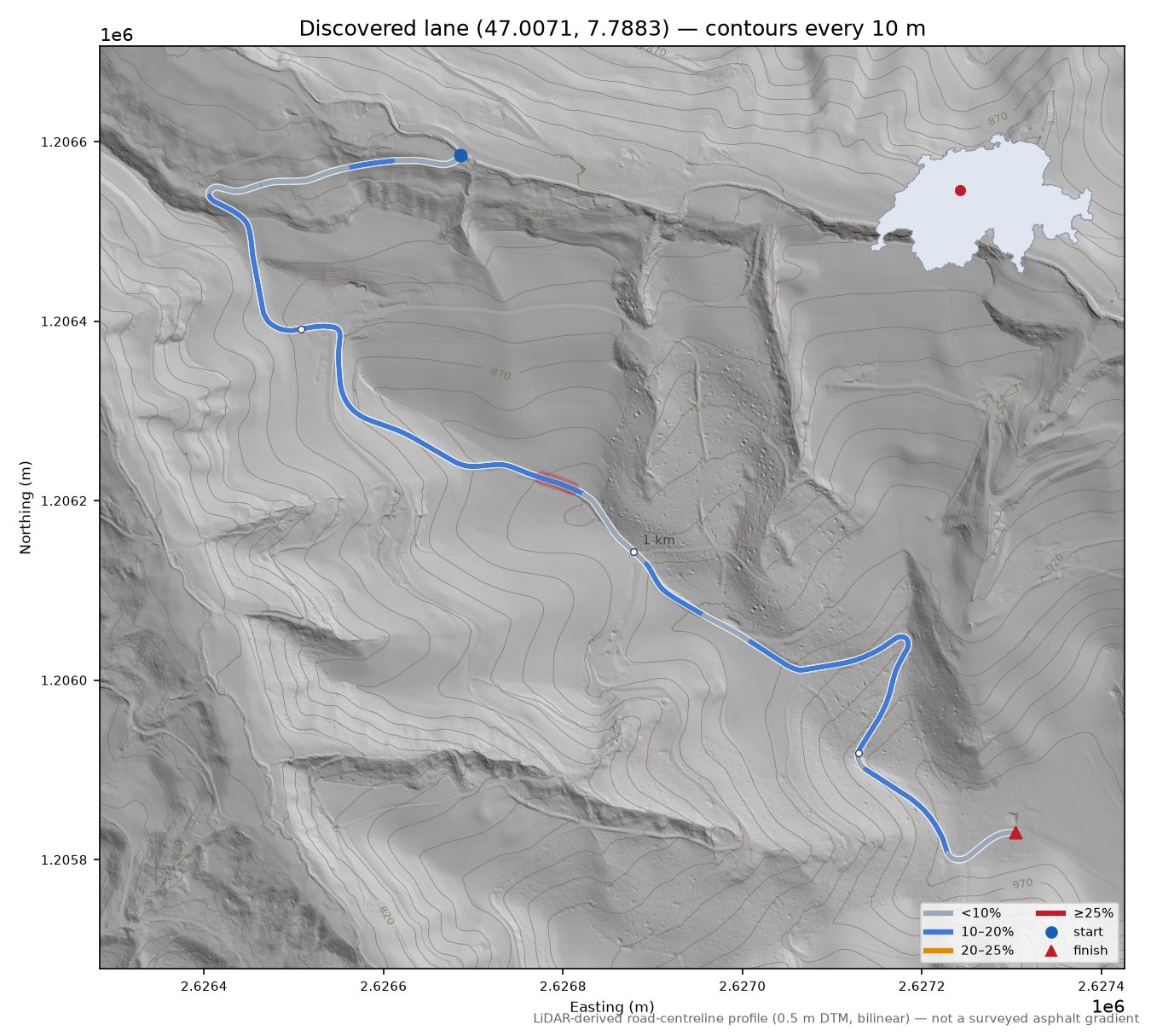 Discovered lane (47.0071, 7.7883) LiDAR hillshade map with contours
