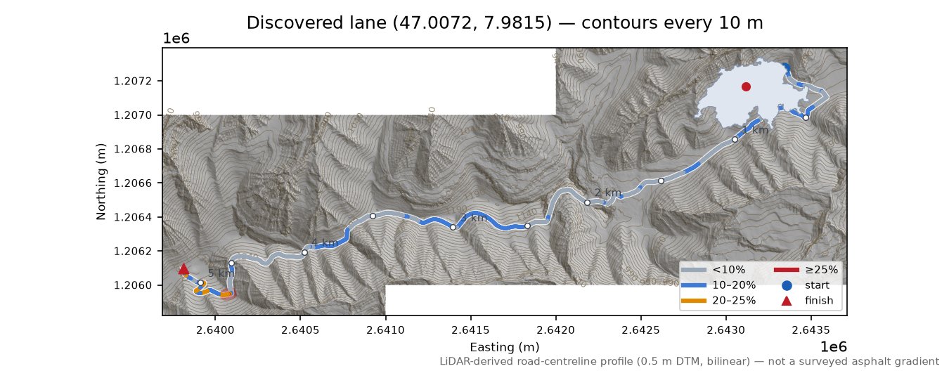 Discovered lane (47.0072, 7.9815) LiDAR hillshade map with contours