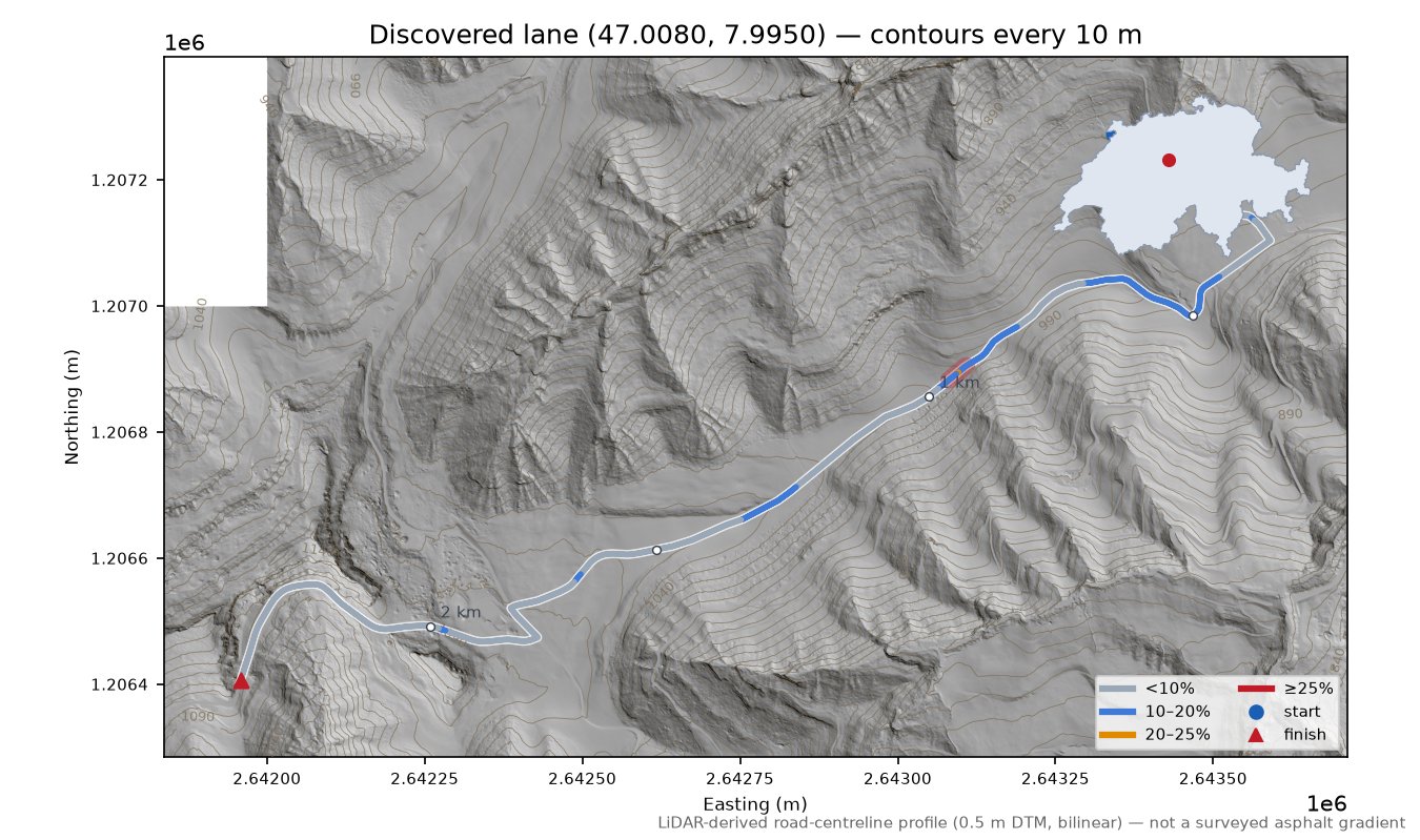 Discovered lane (47.0080, 7.9950) LiDAR hillshade map with contours