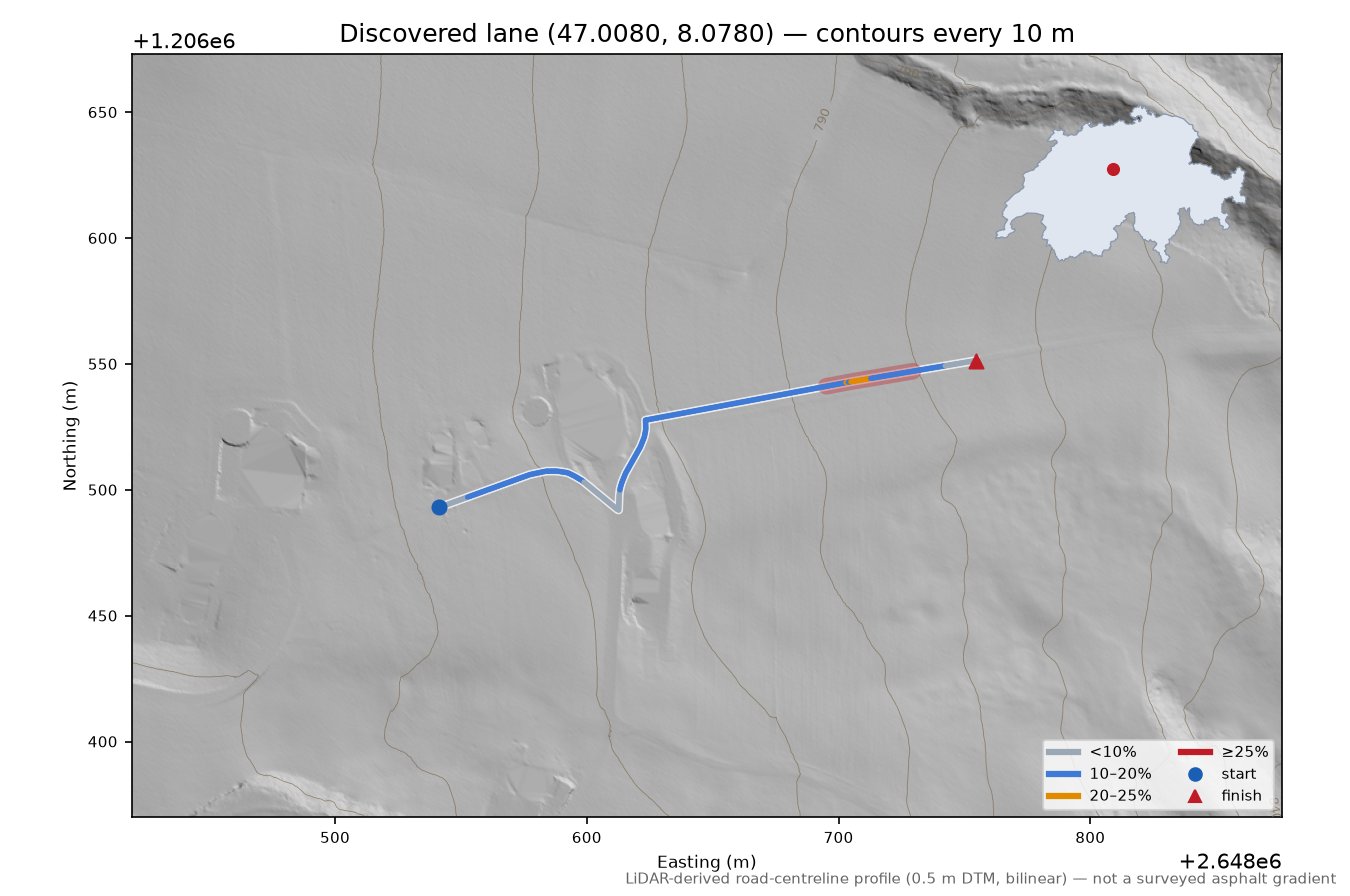 Discovered lane (47.0080, 8.0780) LiDAR hillshade map with contours