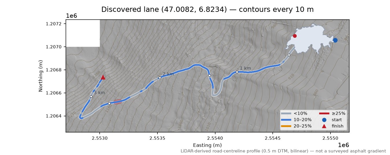 Discovered lane (47.0082, 6.8234) LiDAR hillshade map with contours