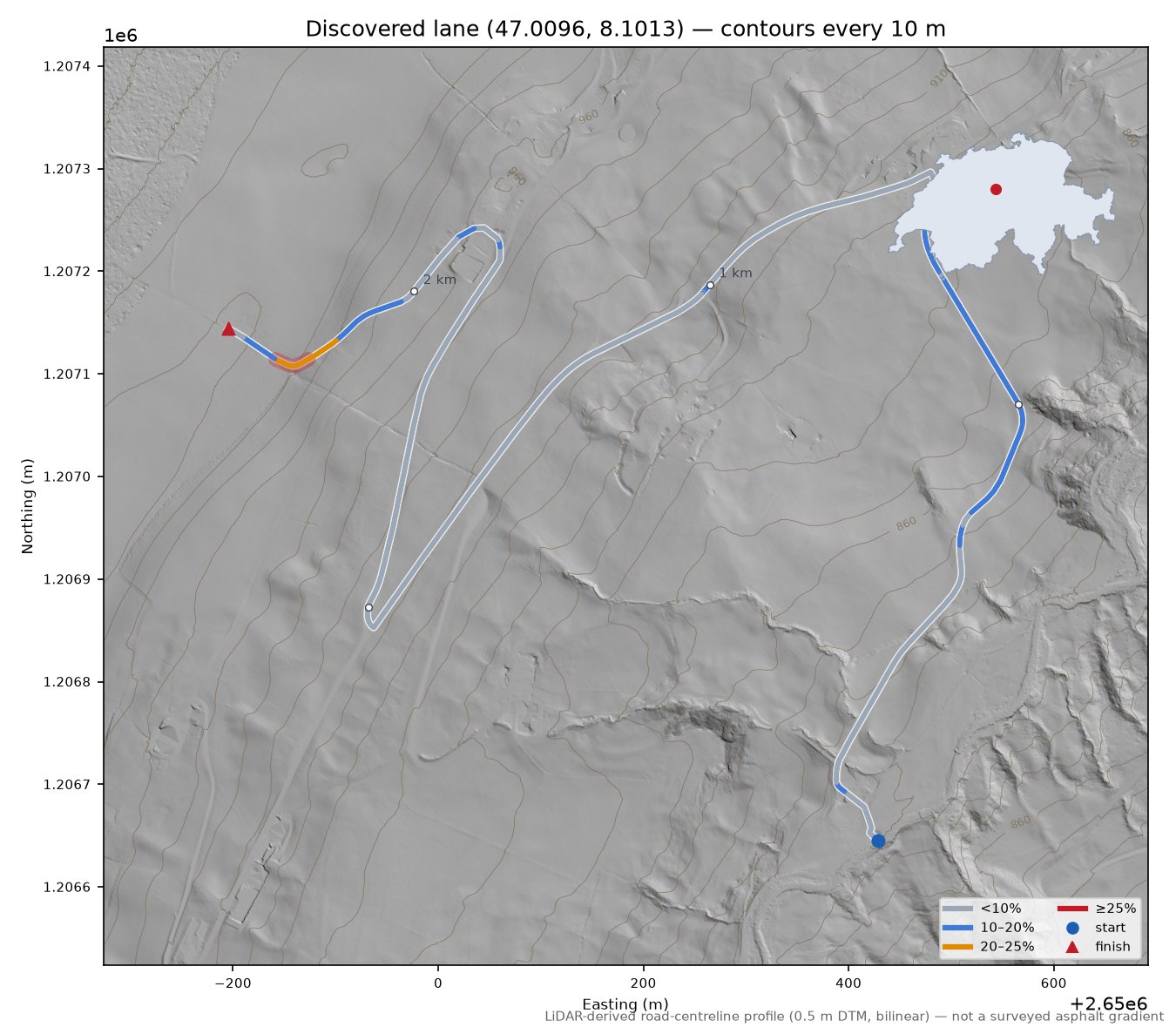 Discovered lane (47.0096, 8.1013) LiDAR hillshade map with contours