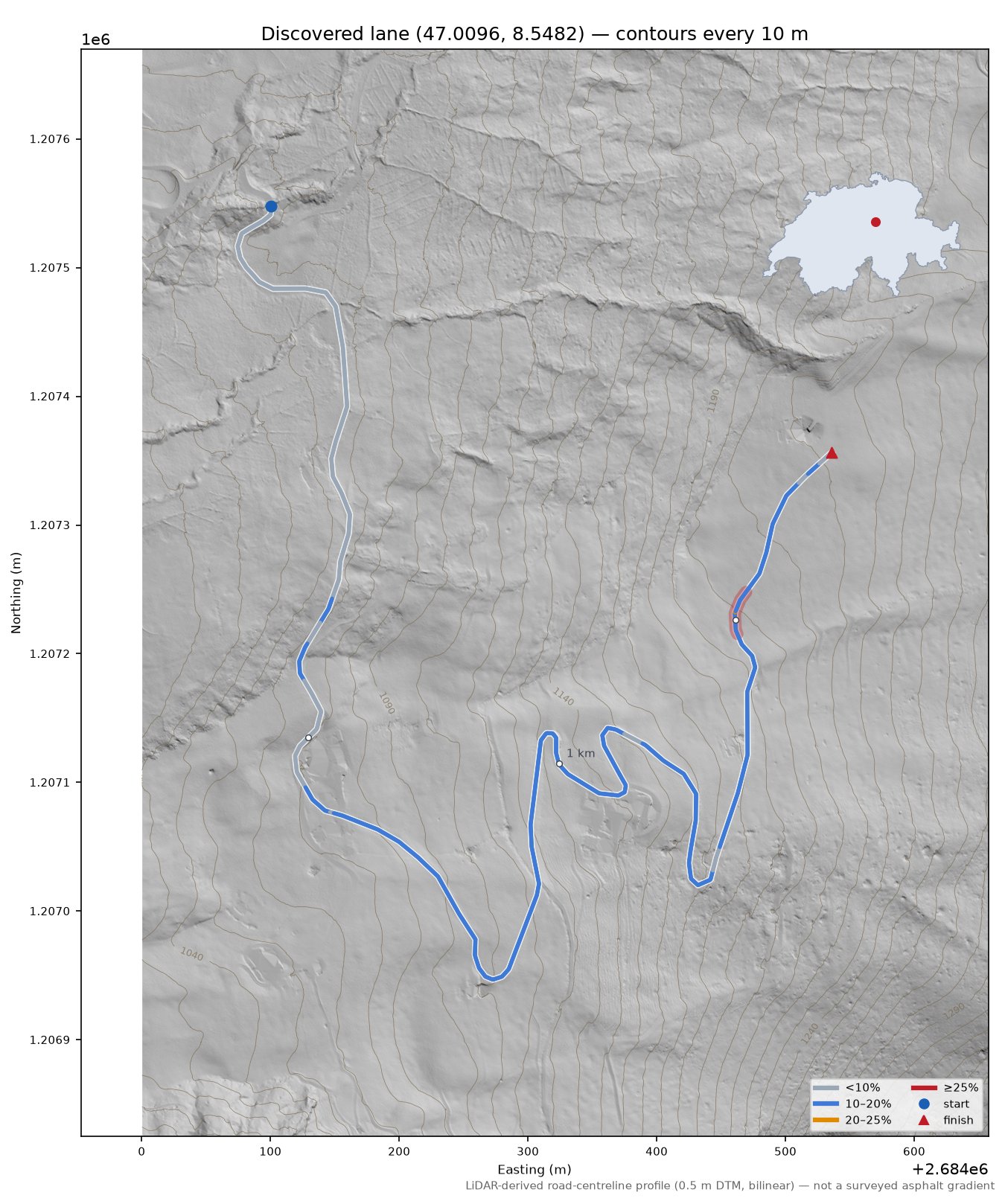 Discovered lane (47.0096, 8.5482) LiDAR hillshade map with contours
