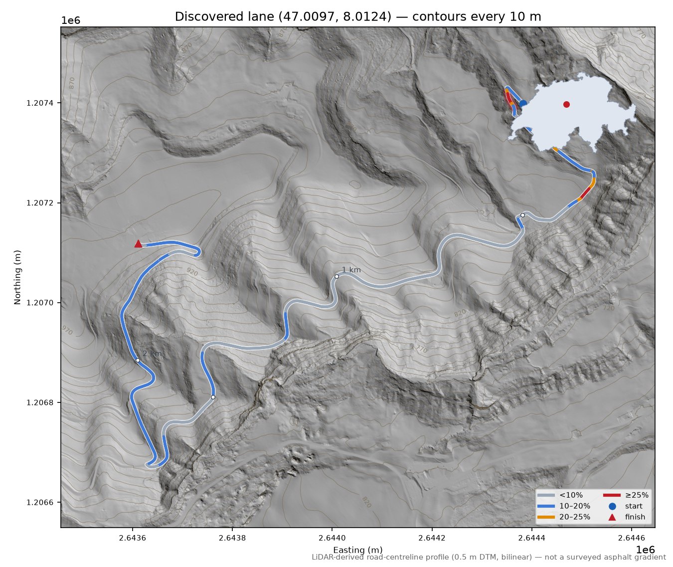 Discovered lane (47.0097, 8.0124) LiDAR hillshade map with contours
