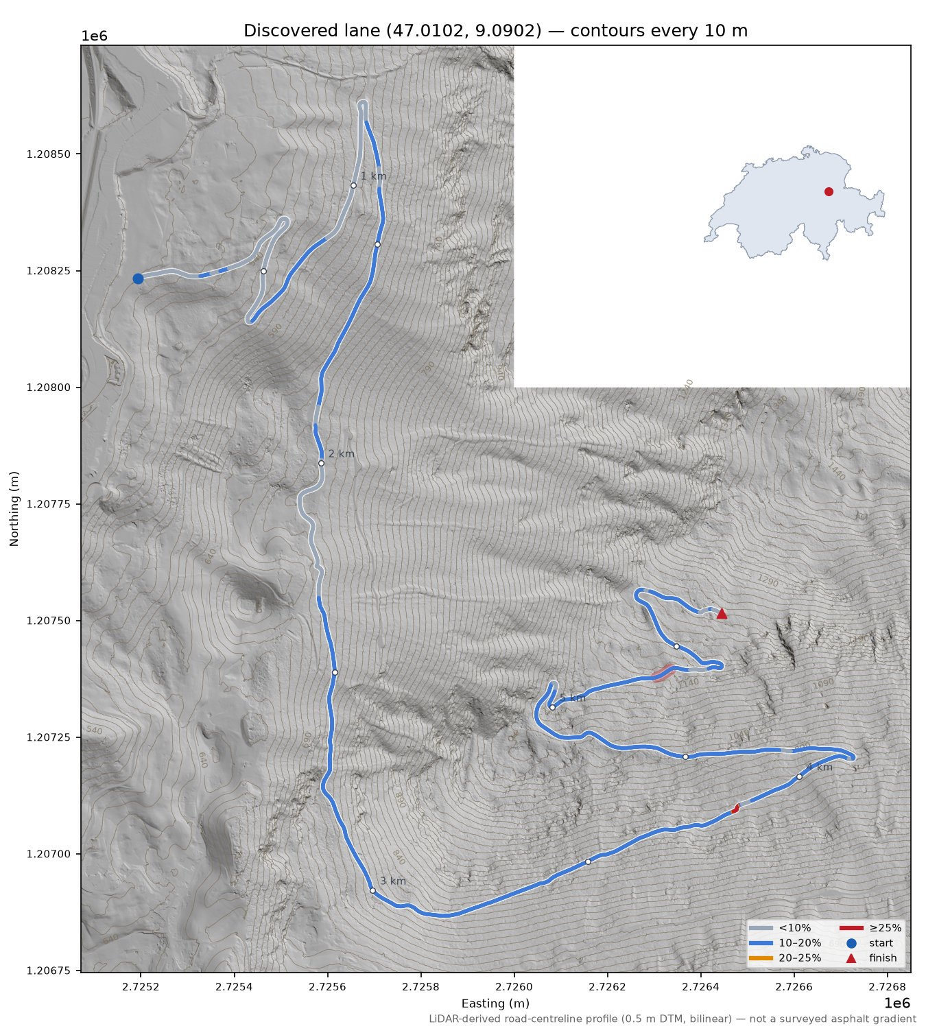 Discovered lane (47.0102, 9.0902) LiDAR hillshade map with contours