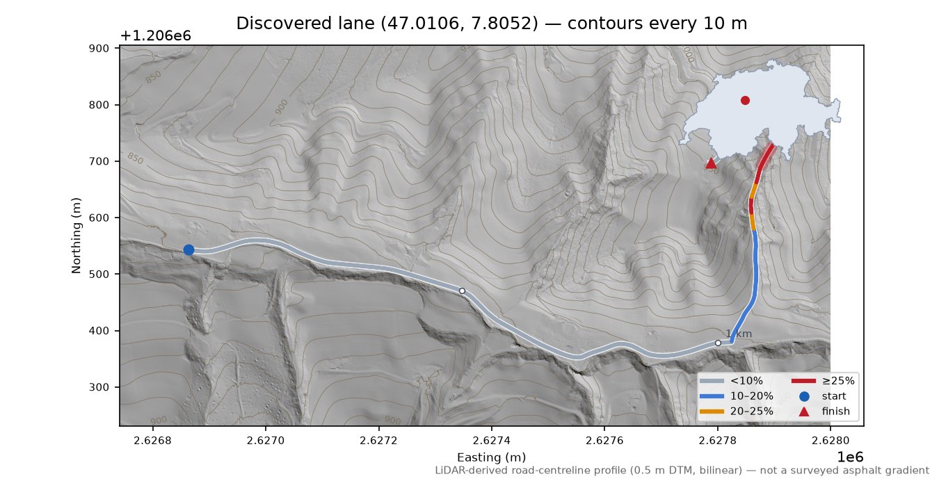 Discovered lane (47.0106, 7.8052) LiDAR hillshade map with contours