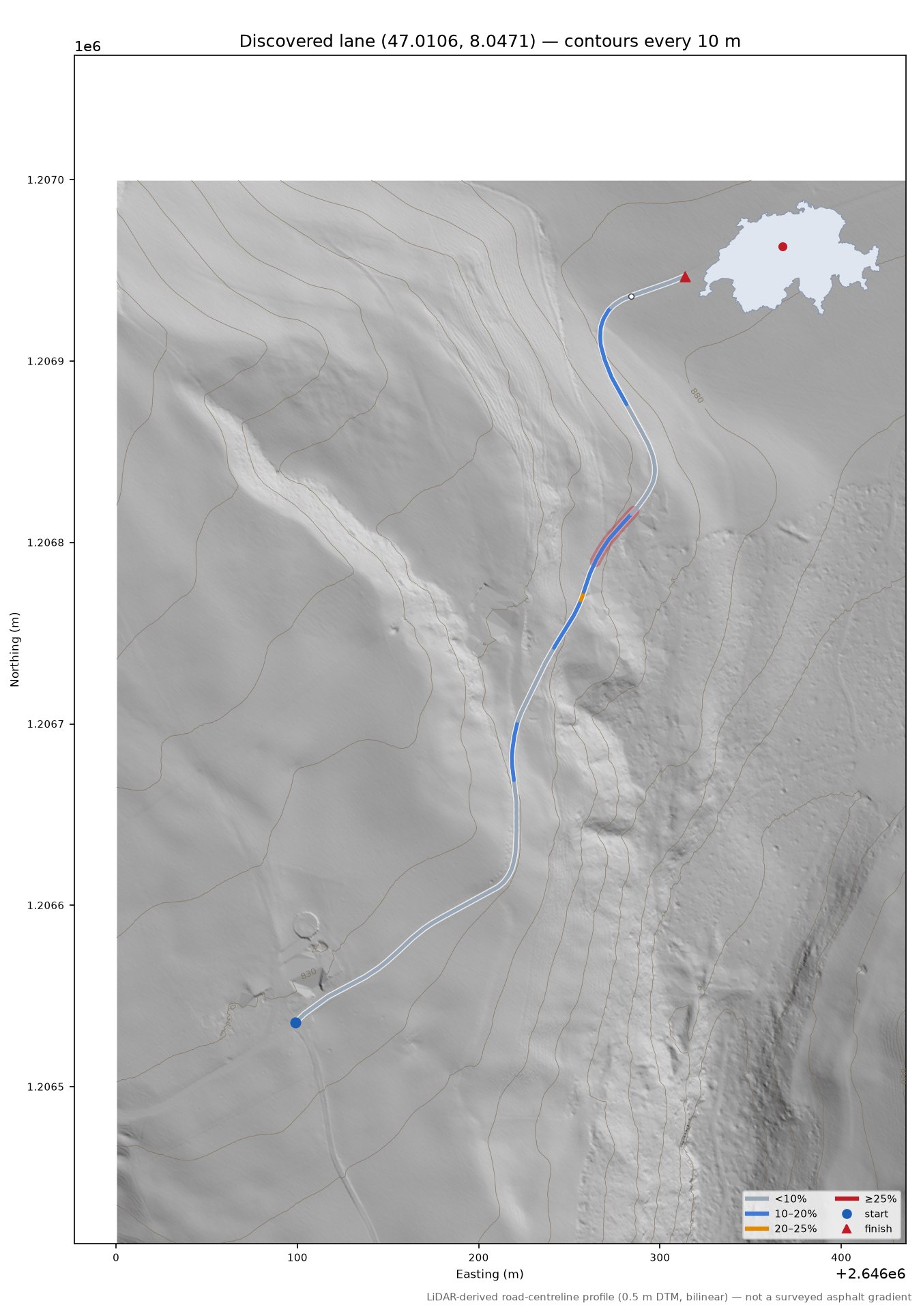 Discovered lane (47.0106, 8.0471) LiDAR hillshade map with contours
