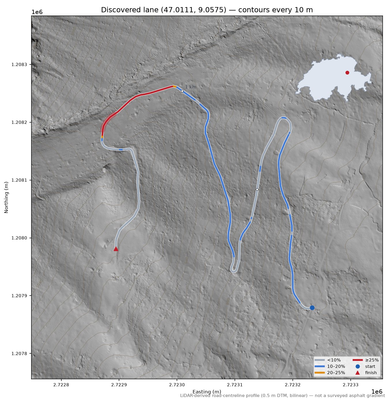 Discovered lane (47.0111, 9.0575) LiDAR hillshade map with contours