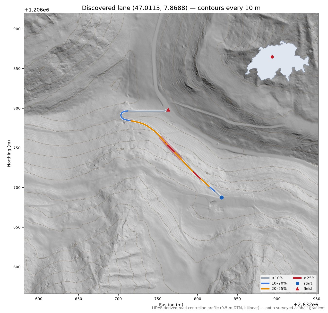 Discovered lane (47.0113, 7.8688) LiDAR hillshade map with contours