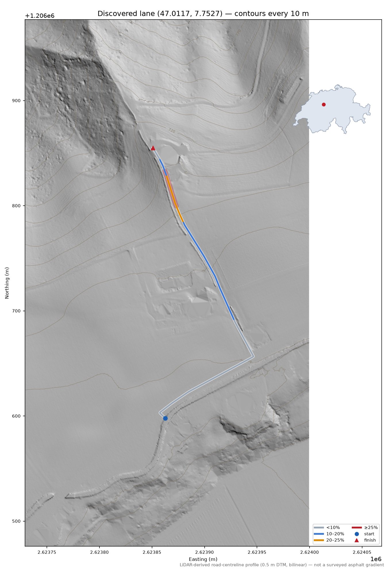 Discovered lane (47.0117, 7.7527) LiDAR hillshade map with contours