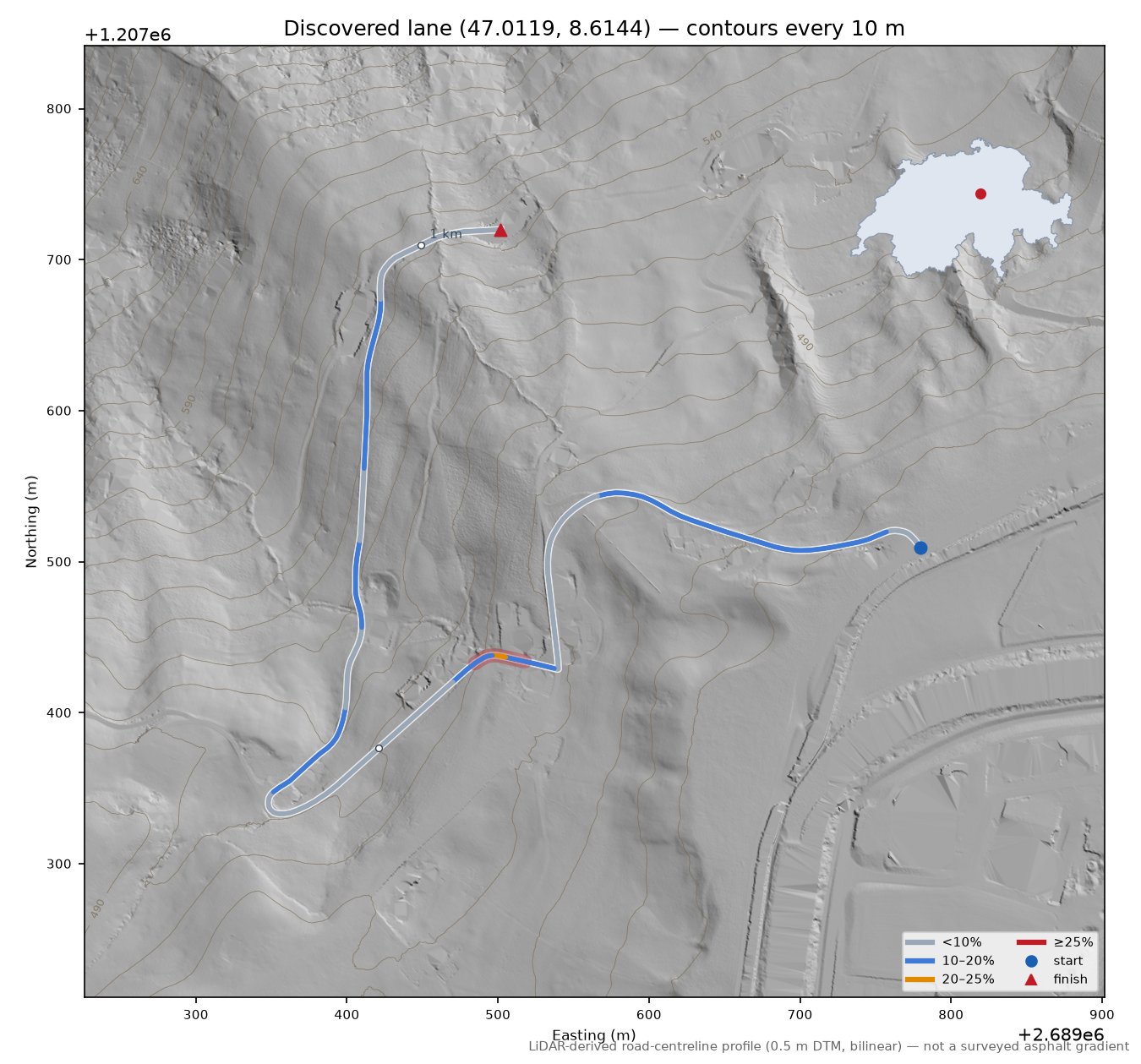 Discovered lane (47.0119, 8.6144) LiDAR hillshade map with contours