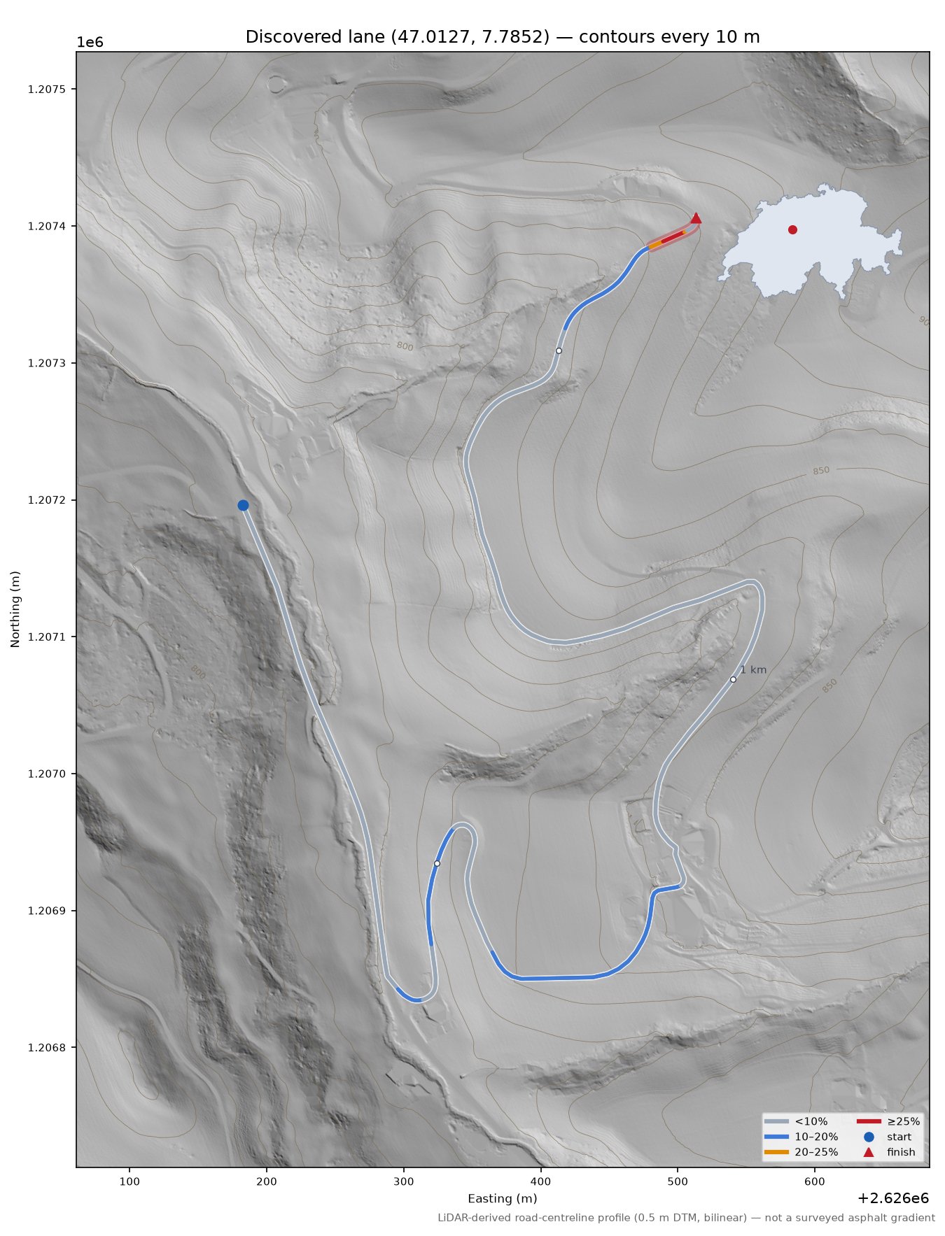 Discovered lane (47.0127, 7.7852) LiDAR hillshade map with contours