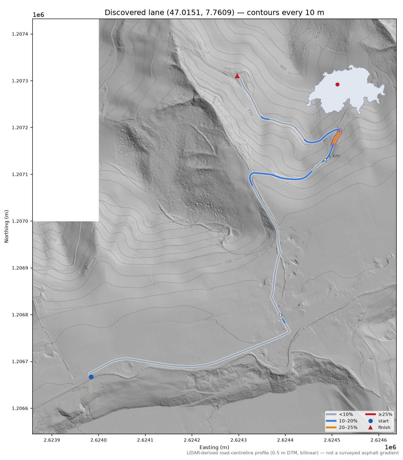 Discovered lane (47.0151, 7.7609) LiDAR hillshade map with contours