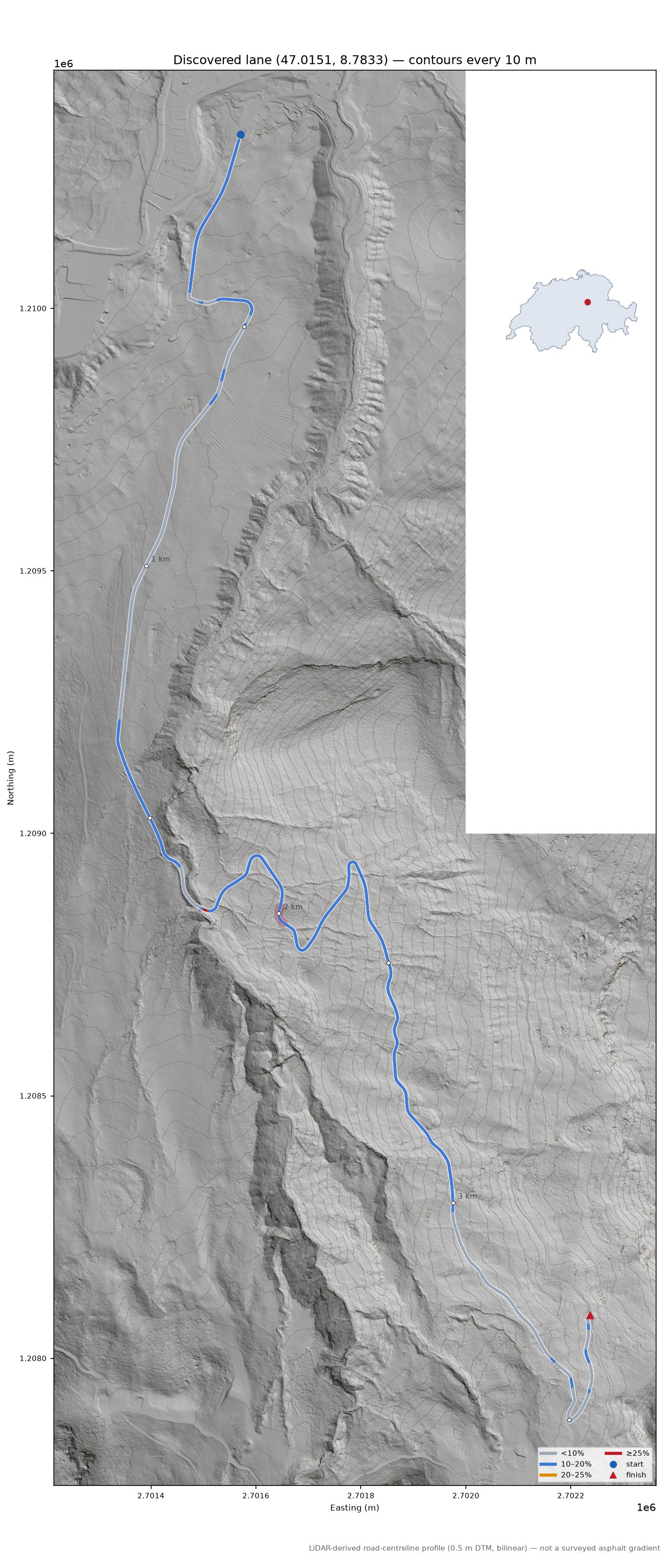 Discovered lane (47.0151, 8.7833) LiDAR hillshade map with contours