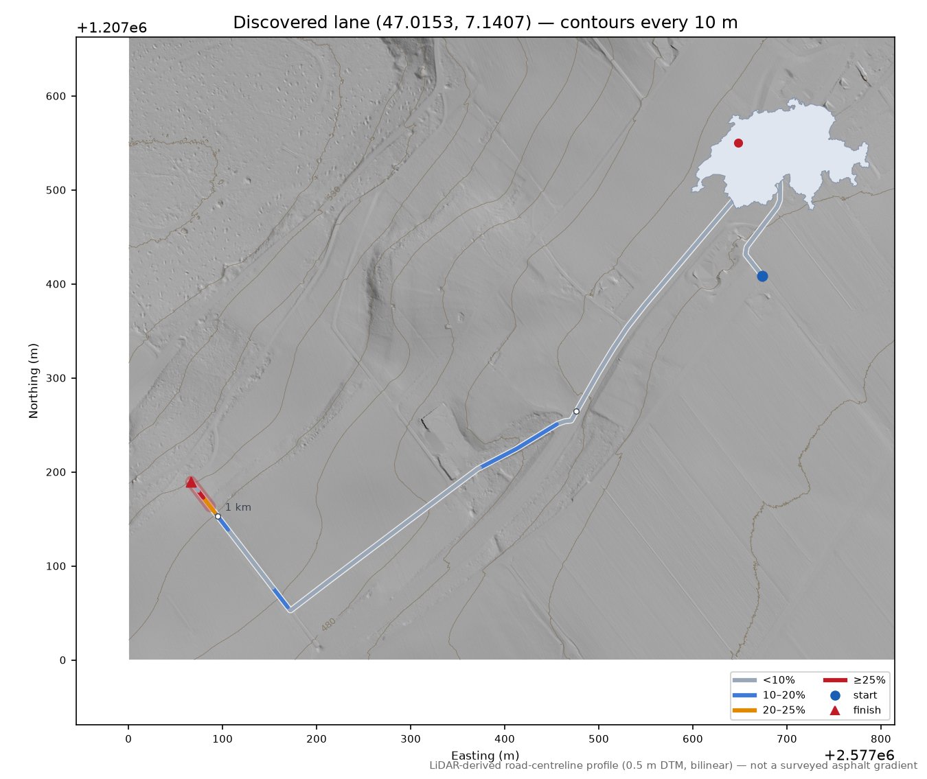 Discovered lane (47.0153, 7.1407) LiDAR hillshade map with contours