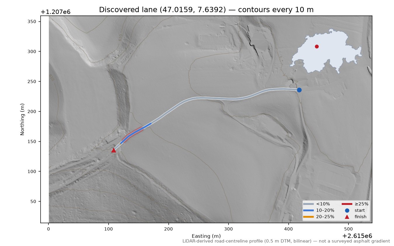 Discovered lane (47.0159, 7.6392) LiDAR hillshade map with contours