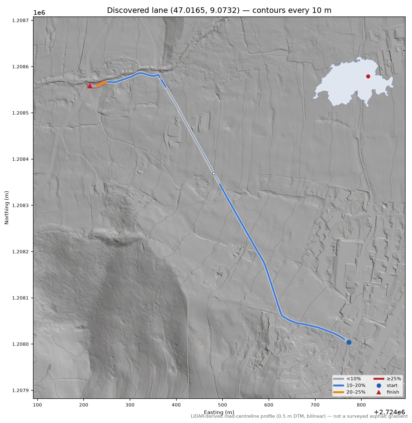 Discovered lane (47.0165, 9.0732) LiDAR hillshade map with contours
