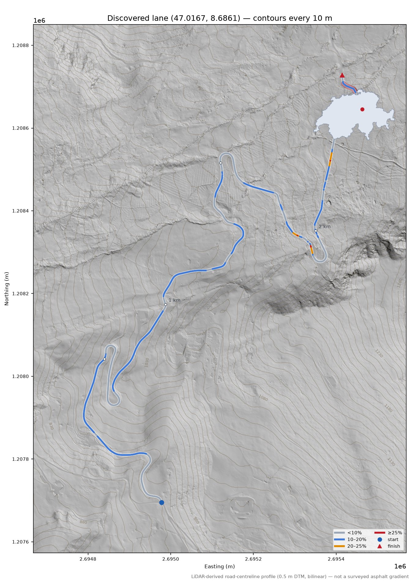 Discovered lane (47.0167, 8.6861) LiDAR hillshade map with contours