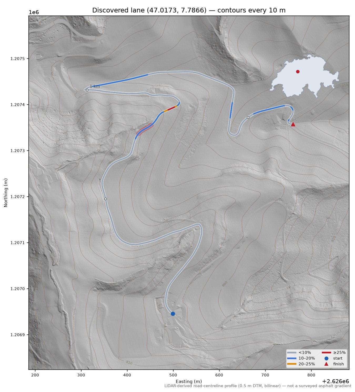 Discovered lane (47.0173, 7.7866) LiDAR hillshade map with contours