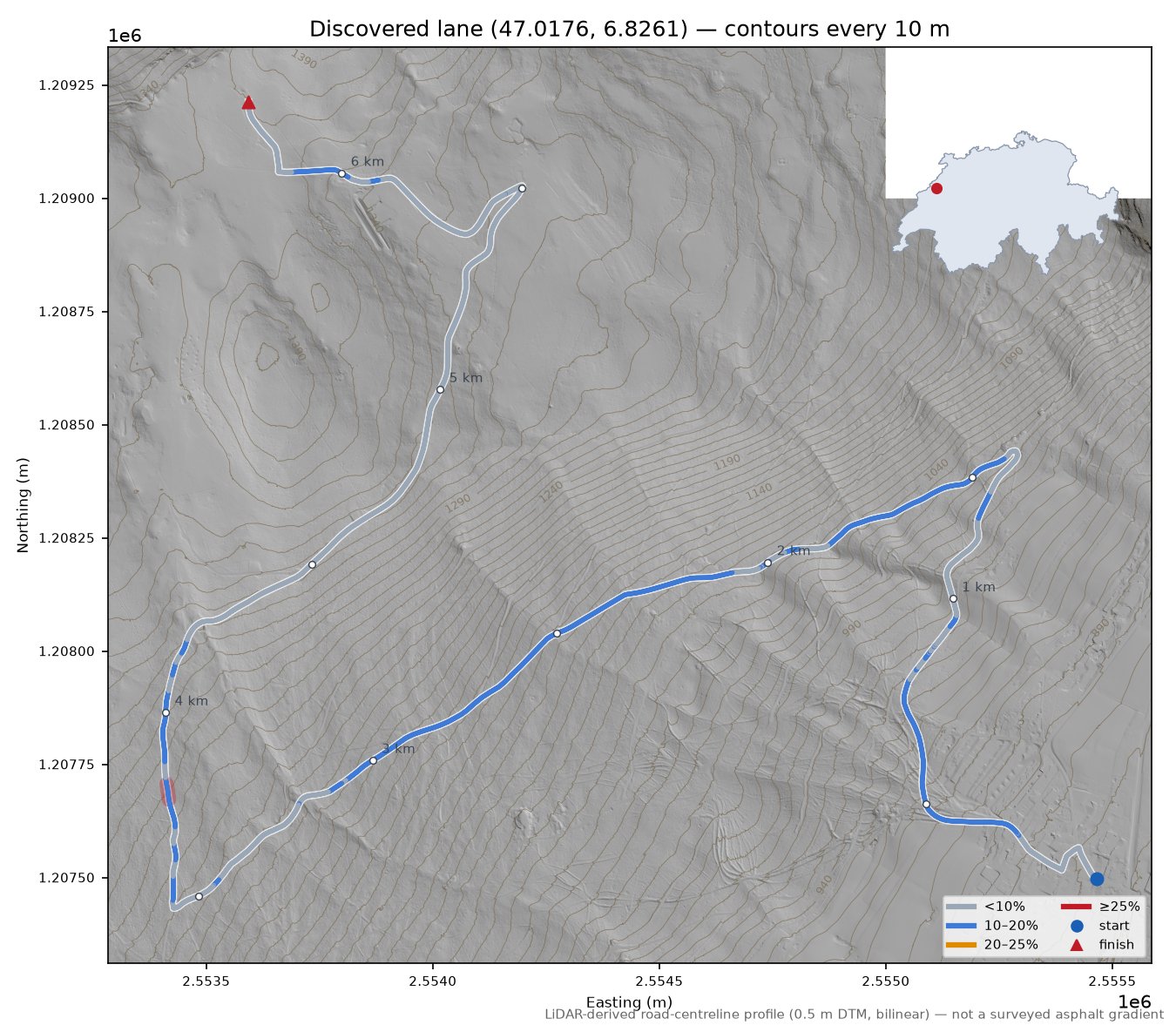 Discovered lane (47.0176, 6.8261) LiDAR hillshade map with contours