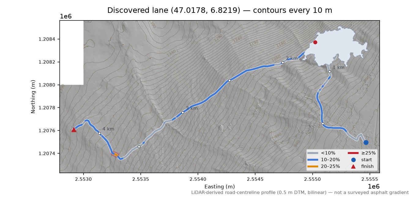 Discovered lane (47.0178, 6.8219) LiDAR hillshade map with contours