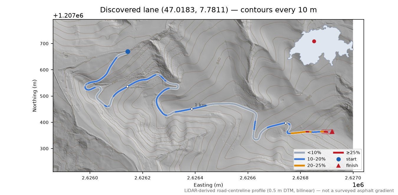 Discovered lane (47.0183, 7.7811) LiDAR hillshade map with contours