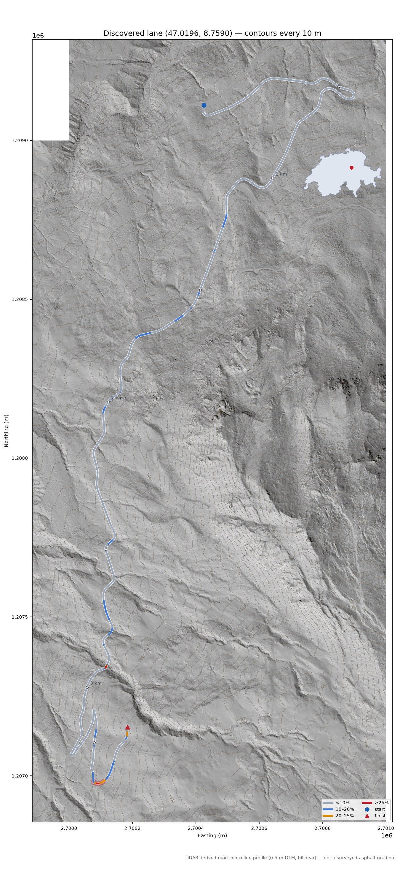 Discovered lane (47.0196, 8.7590) LiDAR hillshade map with contours