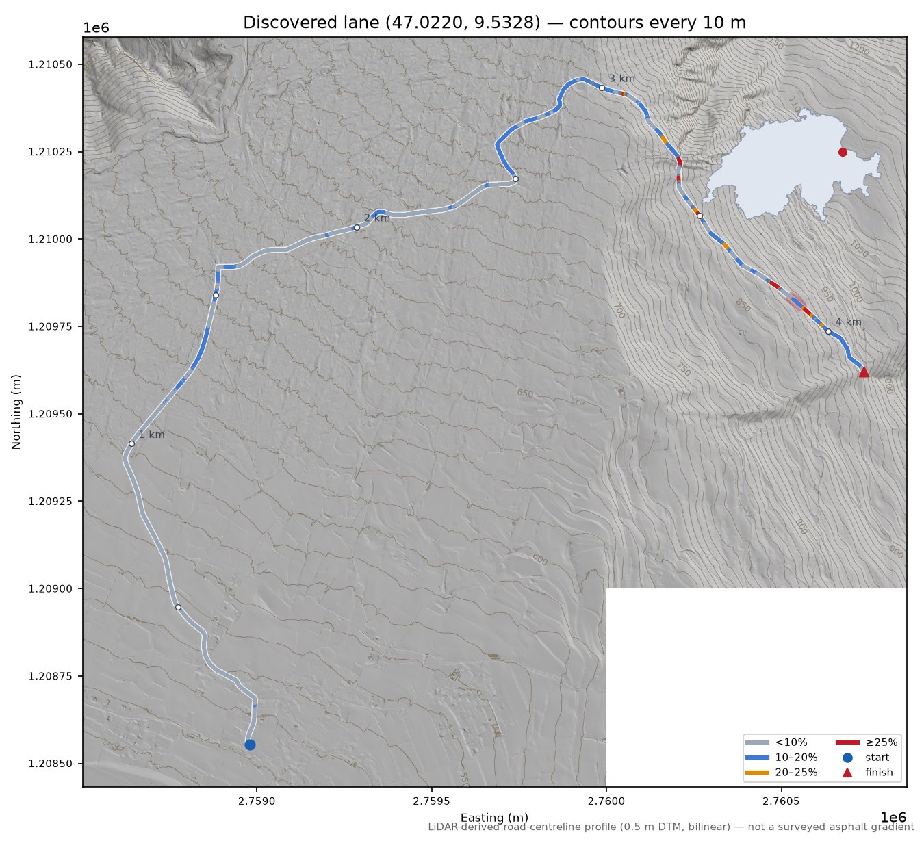 Discovered lane (47.0220, 9.5328) LiDAR hillshade map with contours