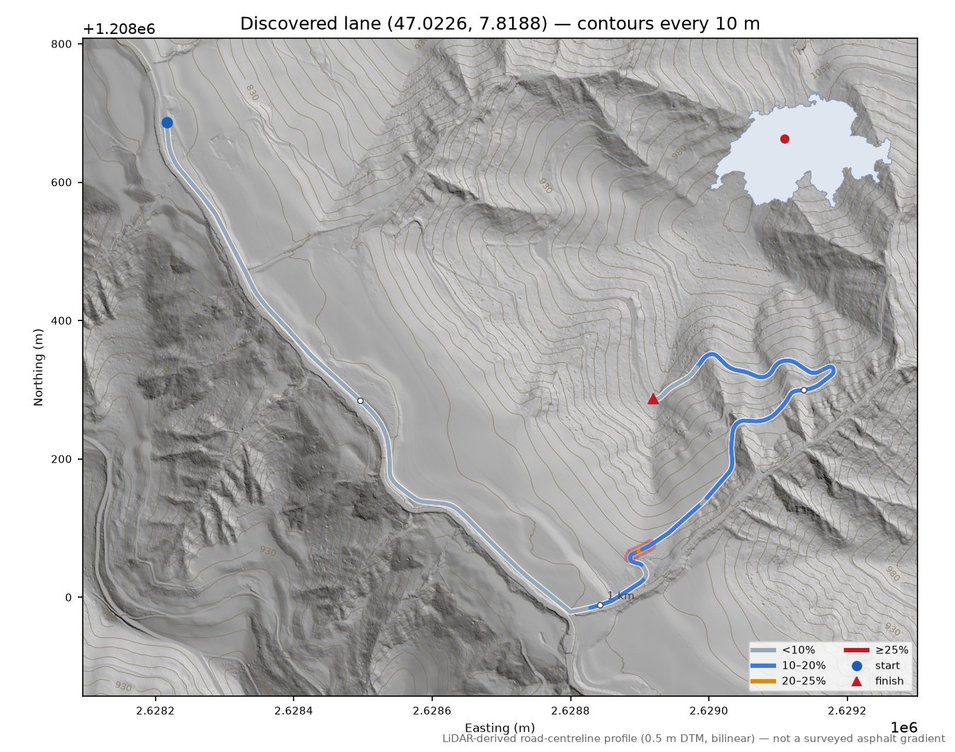 Discovered lane (47.0226, 7.8188) LiDAR hillshade map with contours
