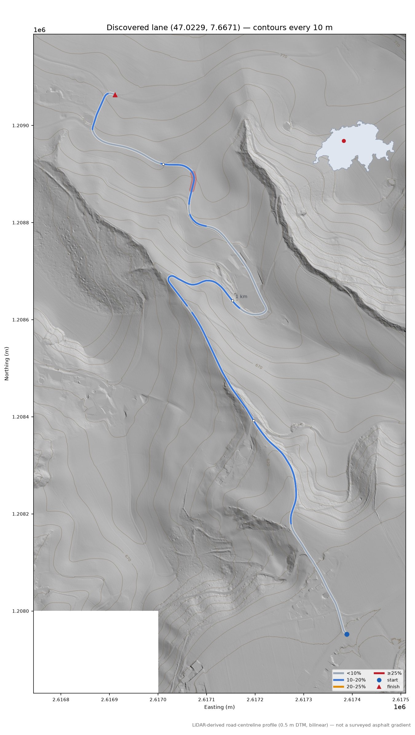 Discovered lane (47.0229, 7.6671) LiDAR hillshade map with contours