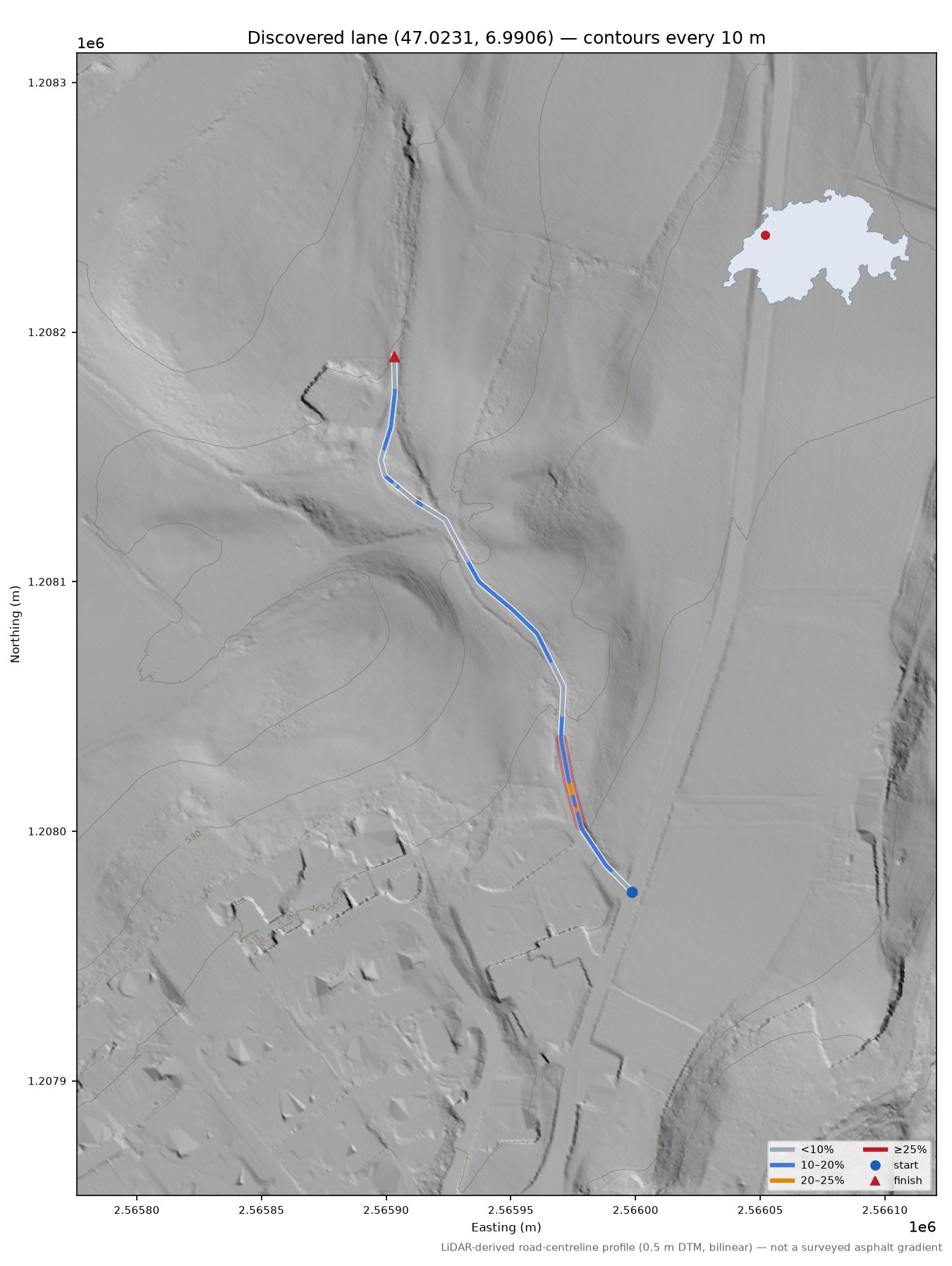 Discovered lane (47.0231, 6.9906) LiDAR hillshade map with contours