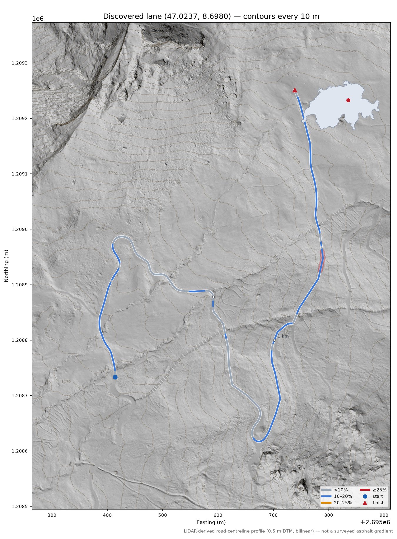 Discovered lane (47.0237, 8.6980) LiDAR hillshade map with contours