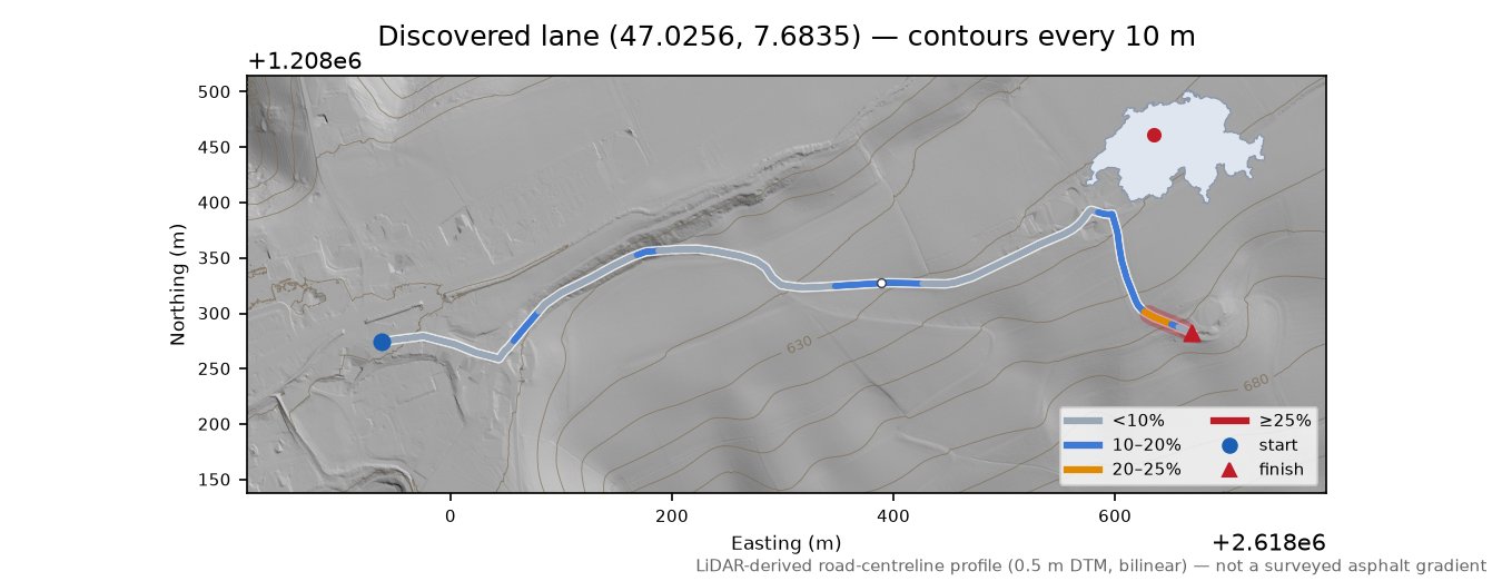 Discovered lane (47.0256, 7.6835) LiDAR hillshade map with contours