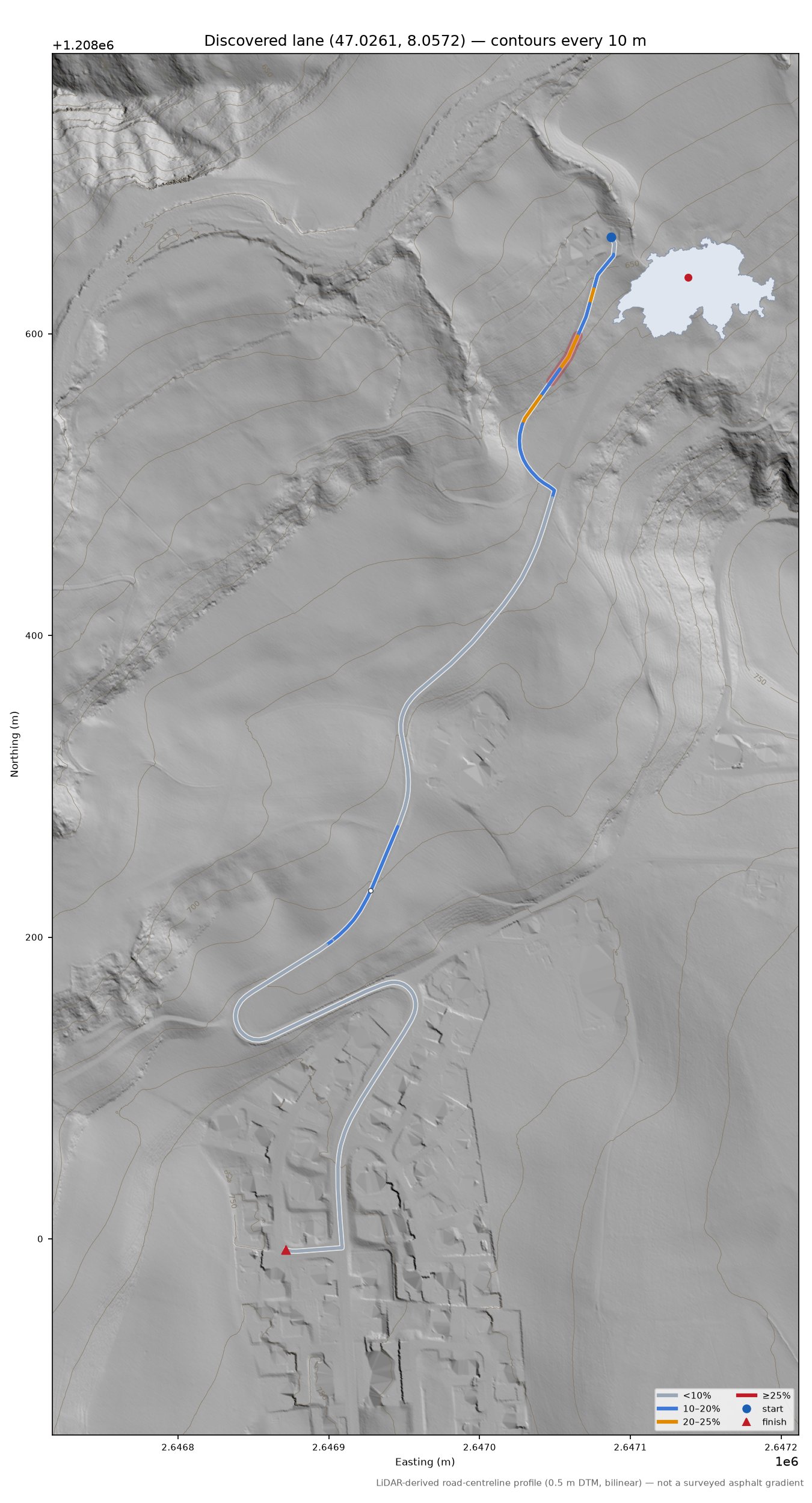 Discovered lane (47.0261, 8.0572) LiDAR hillshade map with contours