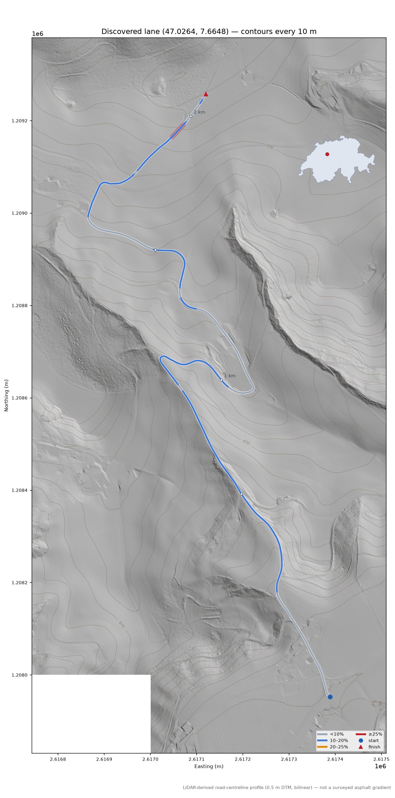 Discovered lane (47.0264, 7.6648) LiDAR hillshade map with contours