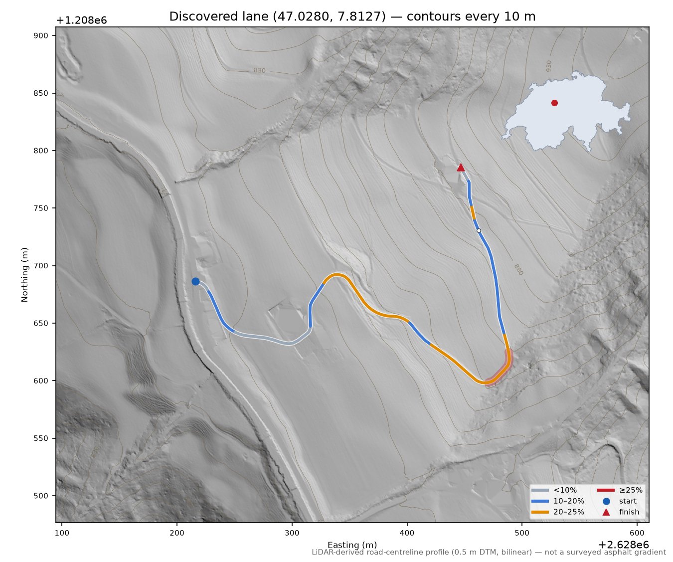 Discovered lane (47.0280, 7.8127) LiDAR hillshade map with contours
