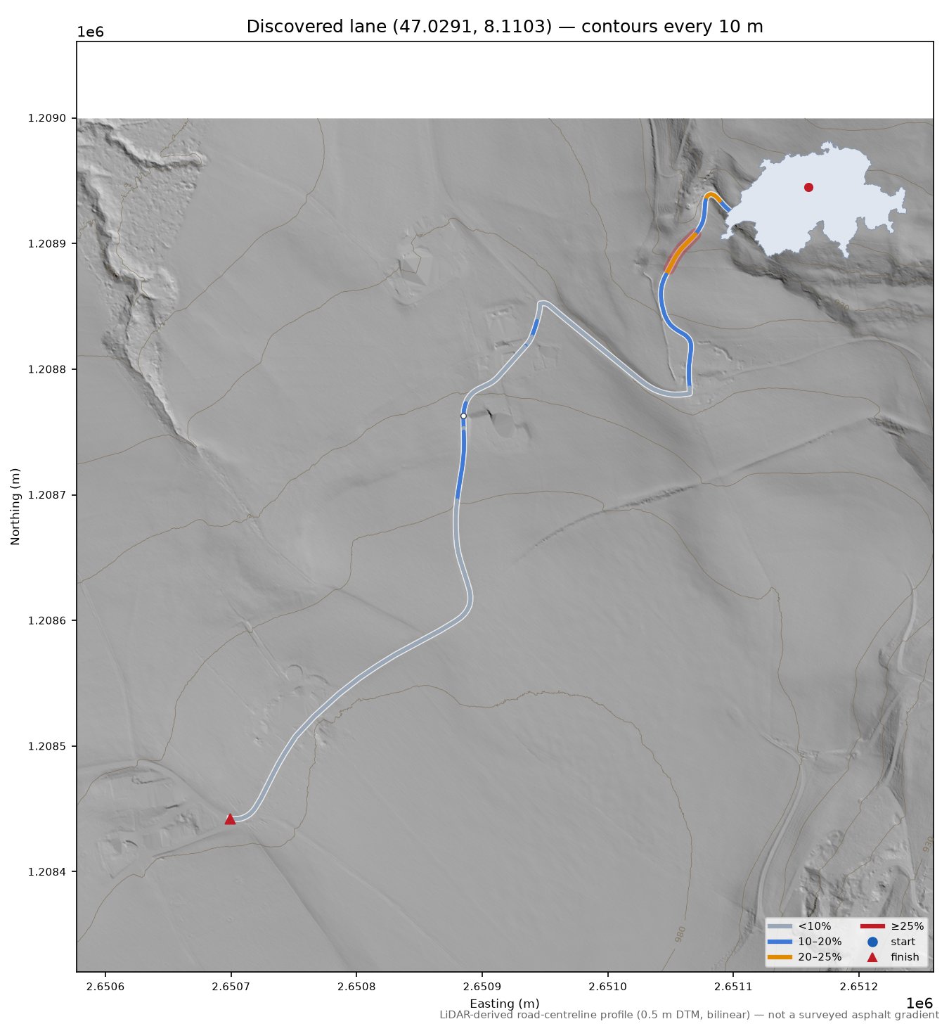 Discovered lane (47.0291, 8.1103) LiDAR hillshade map with contours