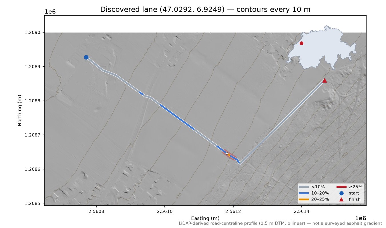 Discovered lane (47.0292, 6.9249) LiDAR hillshade map with contours