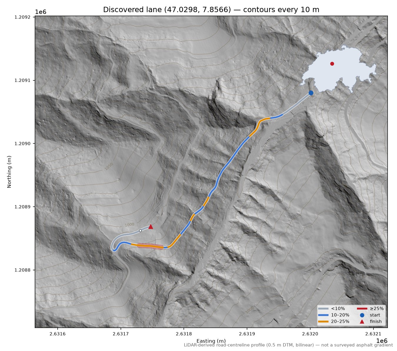 Discovered lane (47.0298, 7.8566) LiDAR hillshade map with contours