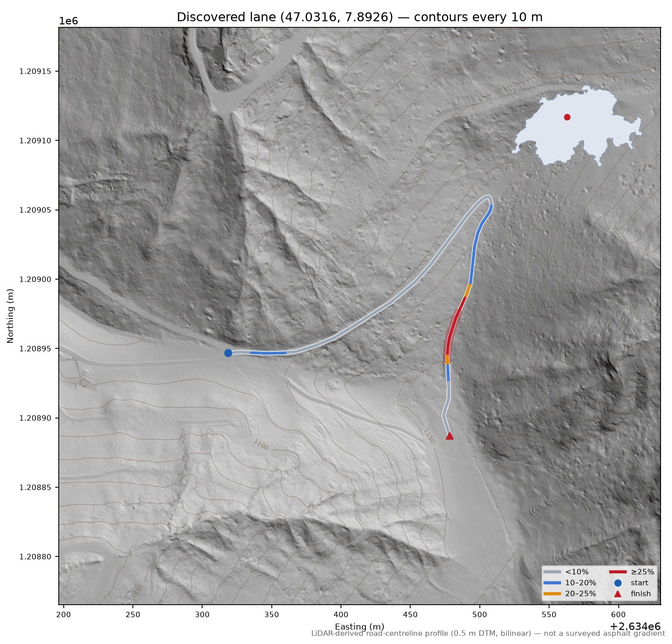 Discovered lane (47.0316, 7.8926) LiDAR hillshade map with contours