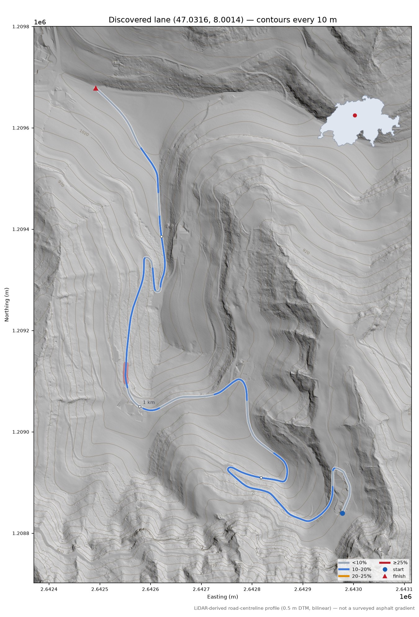 Discovered lane (47.0316, 8.0014) LiDAR hillshade map with contours