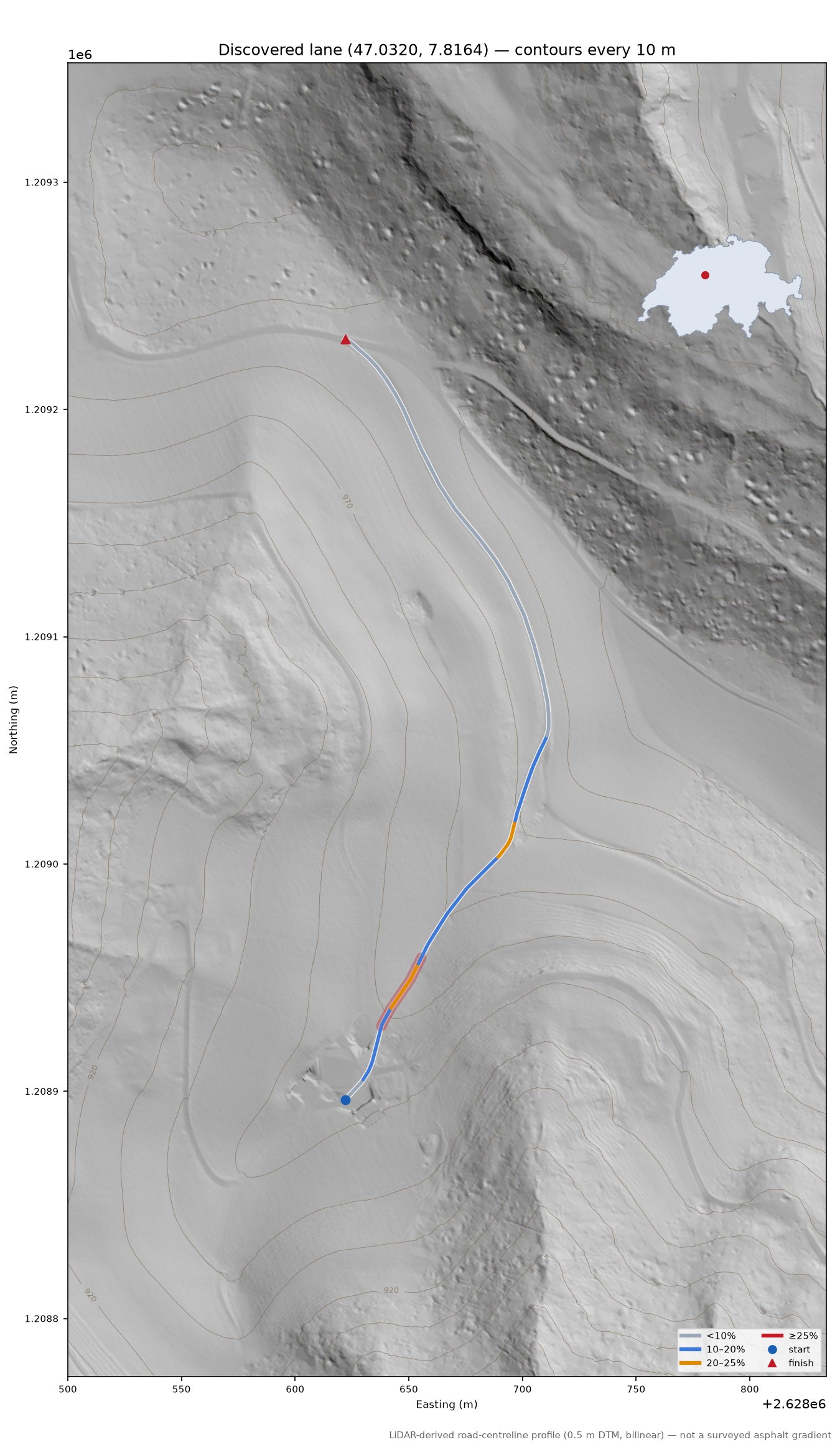 Discovered lane (47.0320, 7.8164) LiDAR hillshade map with contours